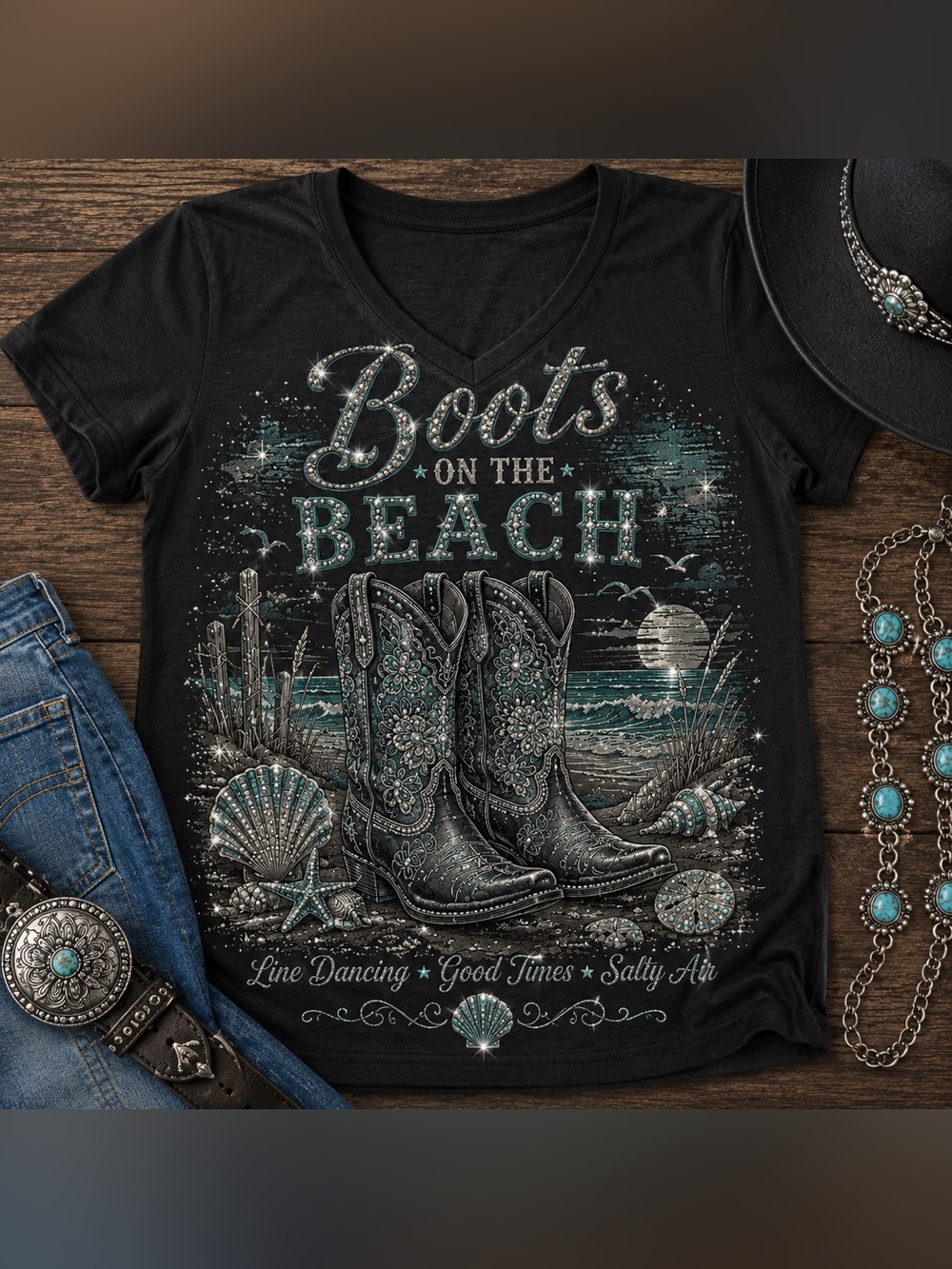 V-Neck BOOTS ON THE BEACH Line Dancing T-Shirt.